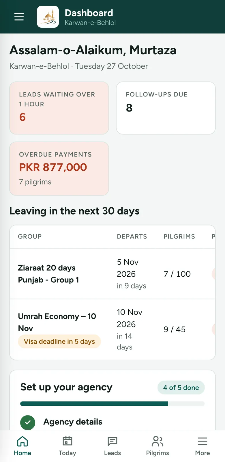 Owner dashboard with leads waiting, overdue payments and groups leaving soon